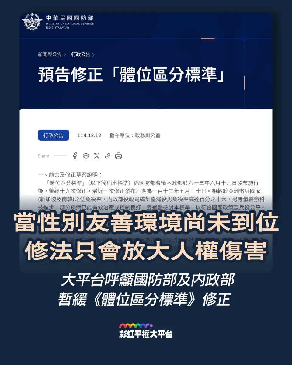 性別團體呼籲國防部暫緩《體位區分標準》。圖／彩虹平權大平台 fb