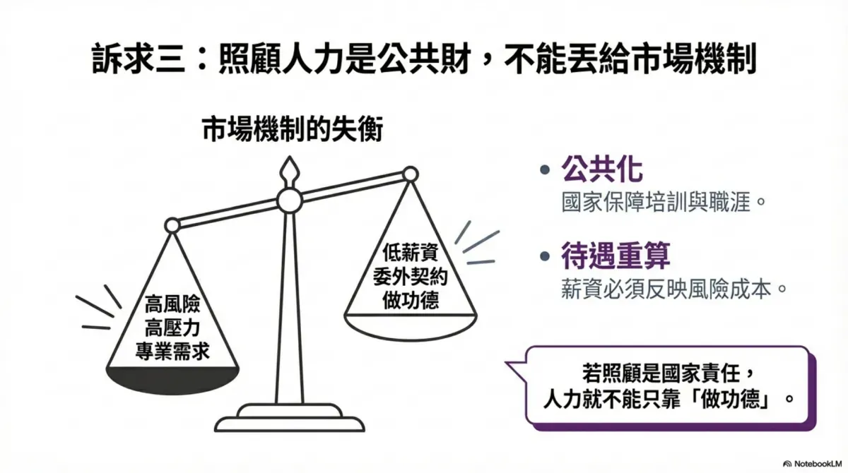 安置盟主張，照顧人力是公共財，不能仰賴市場機制運作。圖／安置盟提供