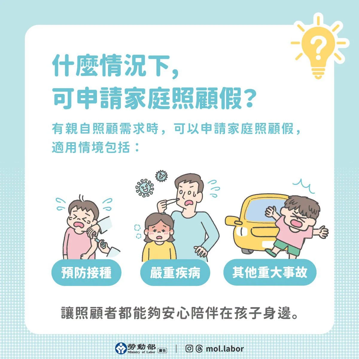 勞動部擴大 3 類照顧者適用家庭照顧假。圖/勞動部 fb