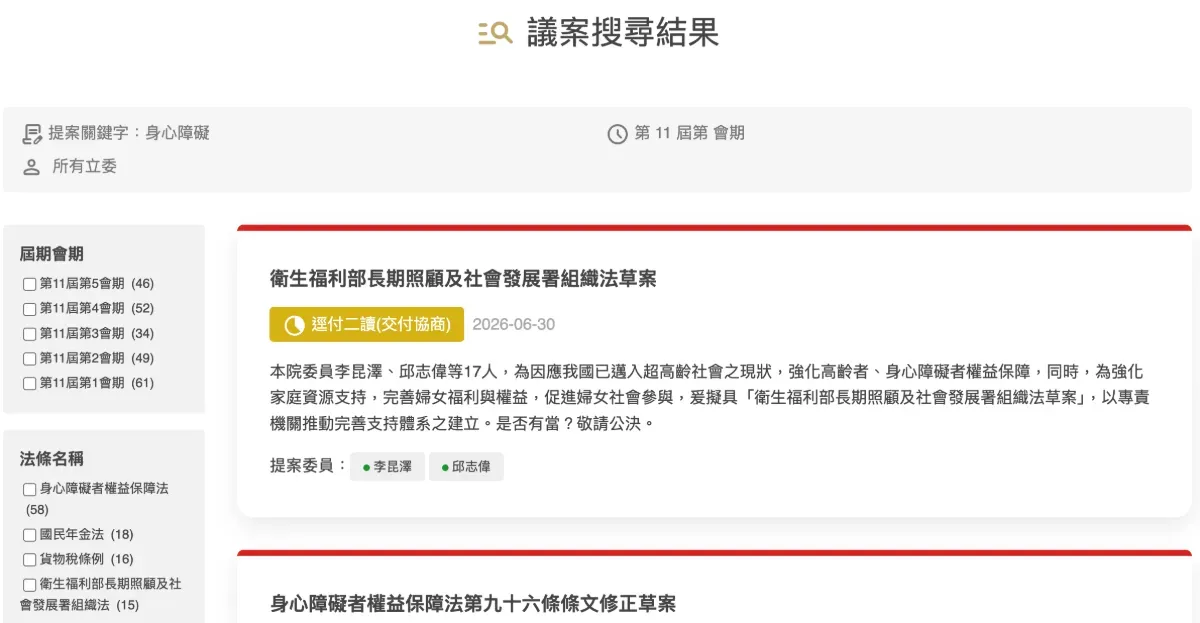 law-diff 搜尋結果(以關鍵字「身心障礙」為例)。圖/取自 law-diff 網站