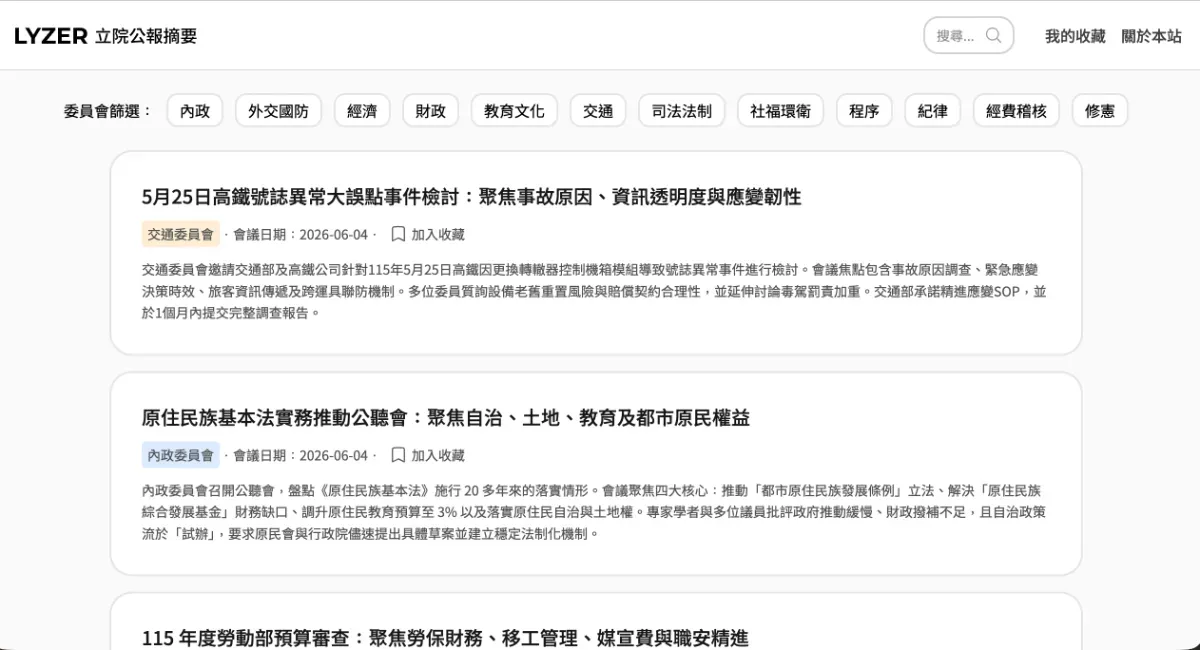 立法院公報摘要 LYZER 透過 AI 工具,將立法院公報的內容濃縮成精簡的摘要,以利縮短民眾的閱讀時間。圖/截圖自 LYZER 立法院公報網站