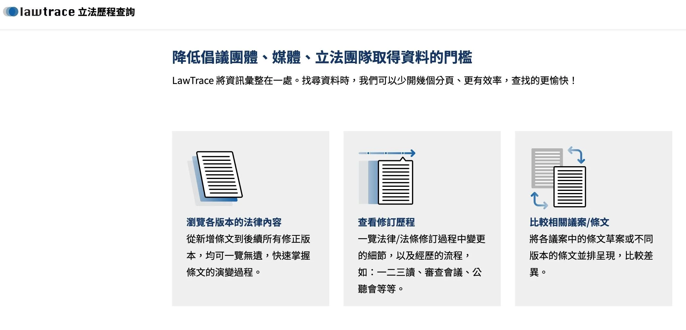 LawTrace 立法歷程查詢透過作產品來進行倡議,旨在降低民間社會取得資料的門檻。圖/截圖自 LawTrace 網站