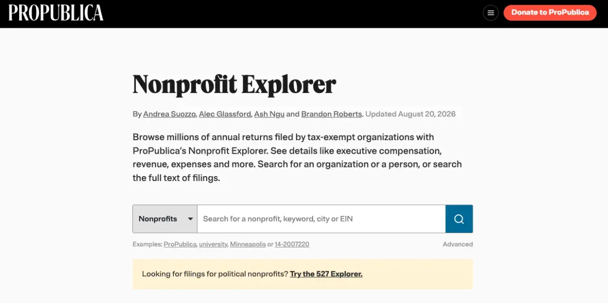 民眾可在公益資料庫「「Nonprofit Explorer」查找公益組織資訊。圖/截自 Nonprofit Explorer