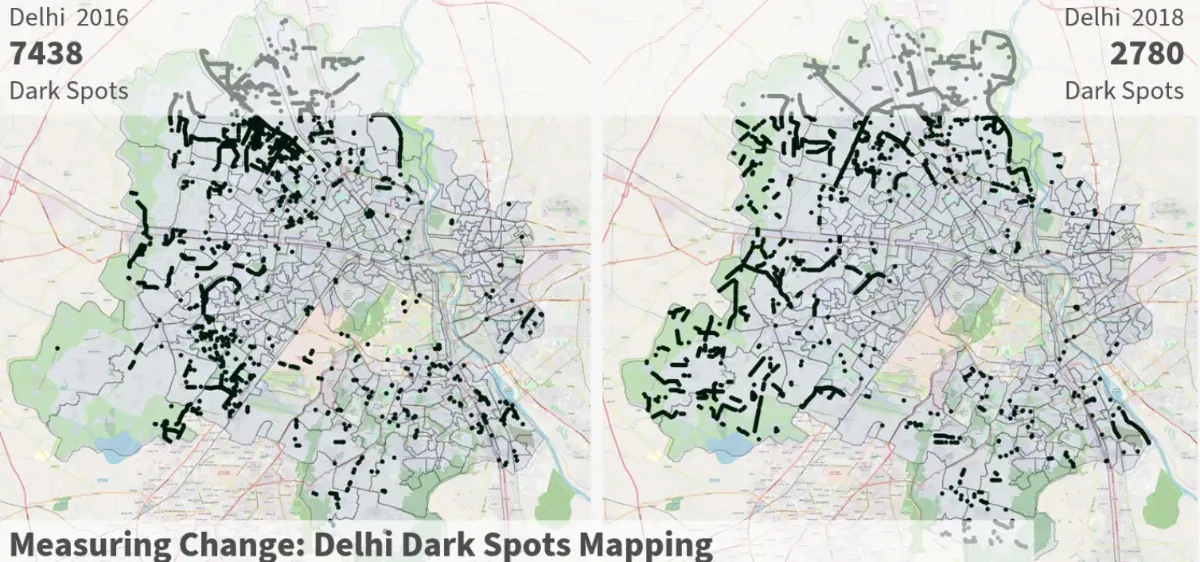 Safetipin 結合民眾評分與街景調查,製作出德里(Delhi)的暗點地圖。圖/取自 Safetipin 網站